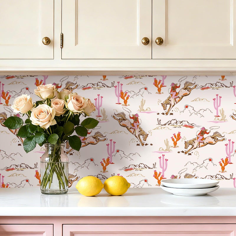HelloWall Retro Western Wallpaper Stick and Peel Vintage Cowboy Cowgirl Desert Landscape Mural Wallpaper Orange Light Pink Brown White Fun Girly Horse Toile Country Western Contact Paper Cute 17.5x80 - Image 4