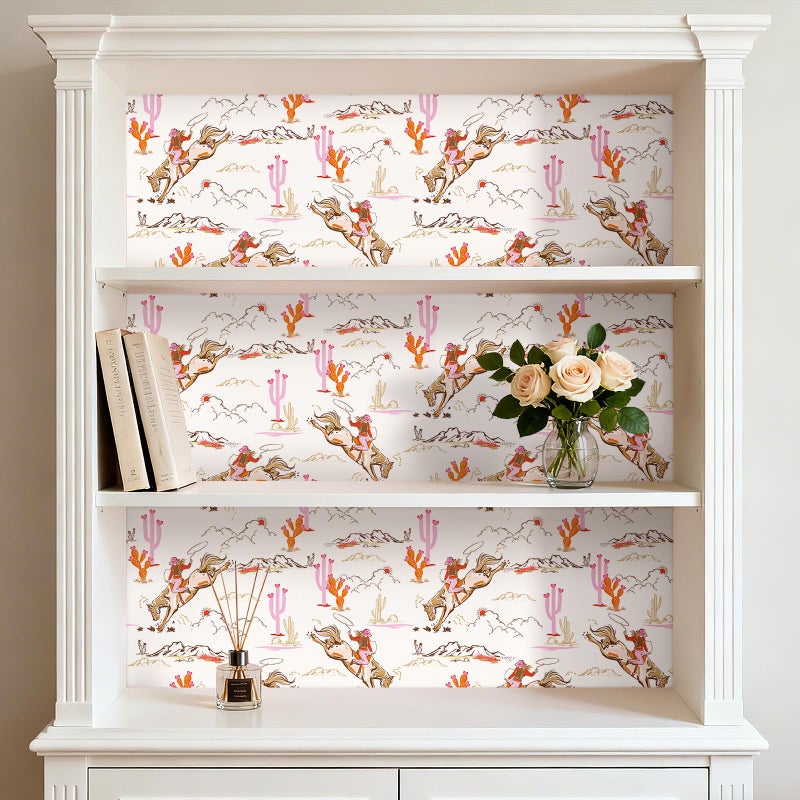 HelloWall Retro Western Wallpaper Stick and Peel Vintage Cowboy Cowgirl Desert Landscape Mural Wallpaper Orange Light Pink Brown White Fun Girly Horse Toile Country Western Contact Paper Cute 17.5x80 - Image 2