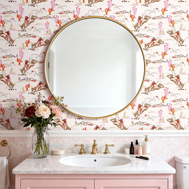 HelloWall Retro Western Wallpaper Stick and Peel Vintage Cowboy Cowgirl Desert Landscape Mural Wallpaper Orange Light Pink Brown White Fun Girly Horse Toile Country Western Contact Paper Cute 17.5x80 - Image 3