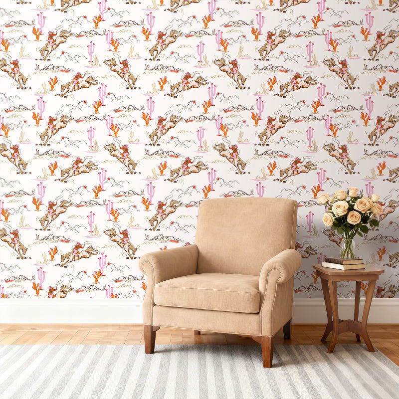 HelloWall Retro Western Wallpaper Stick and Peel Vintage Cowboy Cowgirl Desert Landscape Mural Wallpaper Orange Light Pink Brown White Fun Girly Horse Toile Country Western Contact Paper Cute 17.5x80 - Image 5