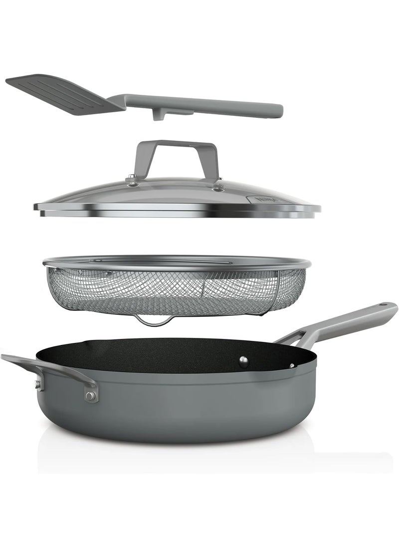 Ninja Ninja Foodi NeverStick Oven Safe Pan with Lid Mesh Strainer  Spatula 4 Quart Sea Salt Grey  - Image 1