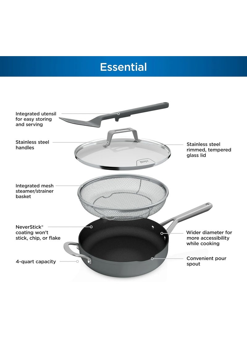 Ninja Ninja Foodi NeverStick Oven Safe Pan with Lid Mesh Strainer  Spatula 4 Quart Sea Salt Grey  - Image 2