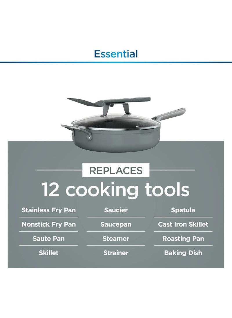 Ninja Ninja Foodi NeverStick Oven Safe Pan with Lid Mesh Strainer  Spatula 4 Quart Sea Salt Grey  - Image 3