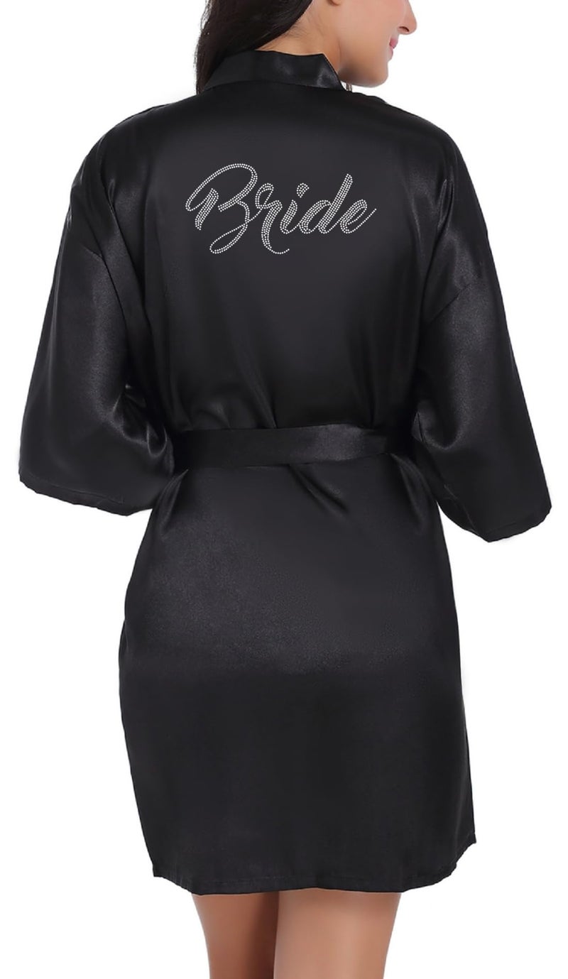 sunshinemall sunshinemall Women's Satin Kimono Robes with Rhinestones Bride Bridesmaid Short Getting Ready Wedding Dressing Gown  - Image 3