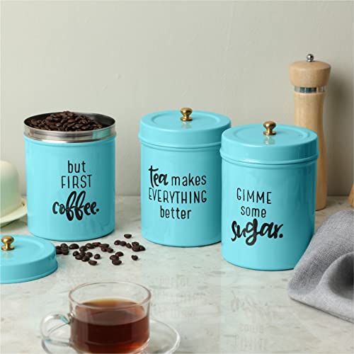 dudki Quoted Stainless Steel Round Canister/Kitchen Storage for Tea Coffee Sugar pack of 3 (Aqua) - Image 1