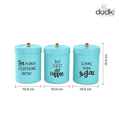 dudki Quoted Stainless Steel Round Canister/Kitchen Storage for Tea Coffee Sugar pack of 3 (Aqua) - Image 2