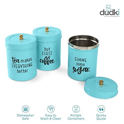 dudki Quoted Stainless Steel Round Canister/Kitchen Storage for Tea Coffee Sugar pack of 3 (Aqua) - Image 4