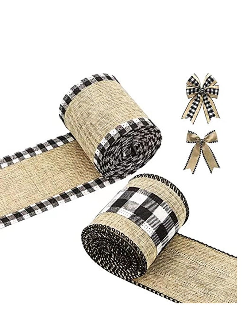 Zikra 2 Rolls Buffalo Plaid Wired Edge Ribbons, Burlap Fabric Craft Ribbon for Wreath Floral Bows Craft Decor - Image 1
