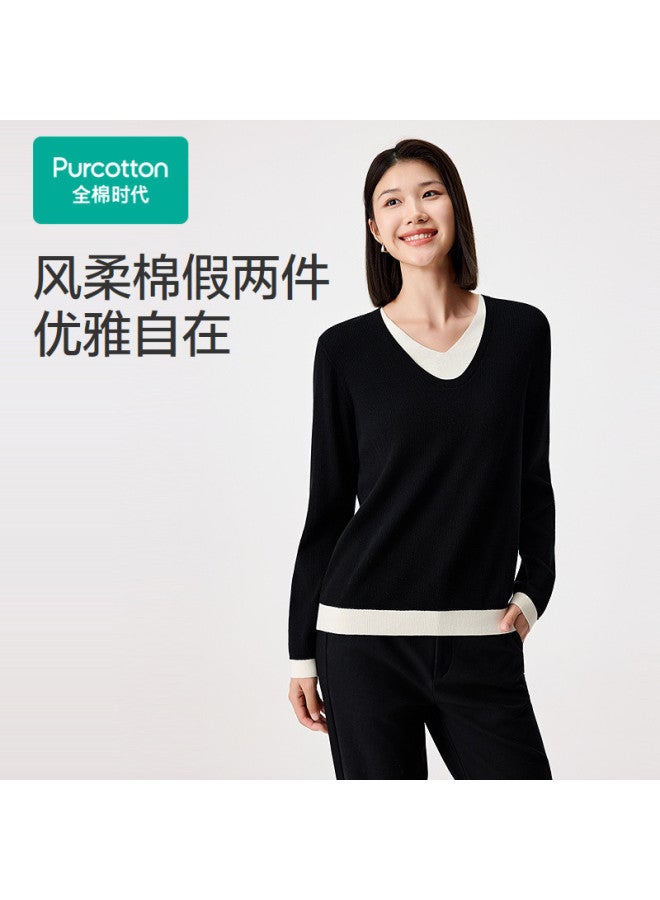 purcotton Women'S Autumn Winter False Two-Piece Sweater Pure Cotton V-Neck Knitted Top Casual Commute Versatile Stretch Comfortable Non-Deformable - Image 2