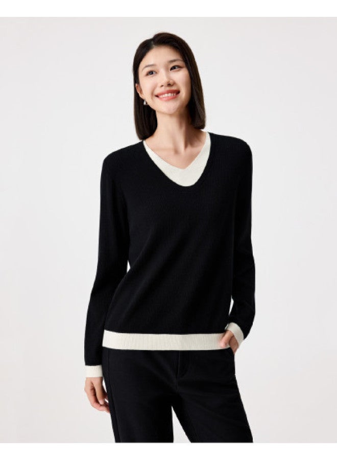 purcotton Women'S Autumn Winter False Two-Piece Sweater Pure Cotton V-Neck Knitted Top Casual Commute Versatile Stretch Comfortable Non-Deformable - Image 1