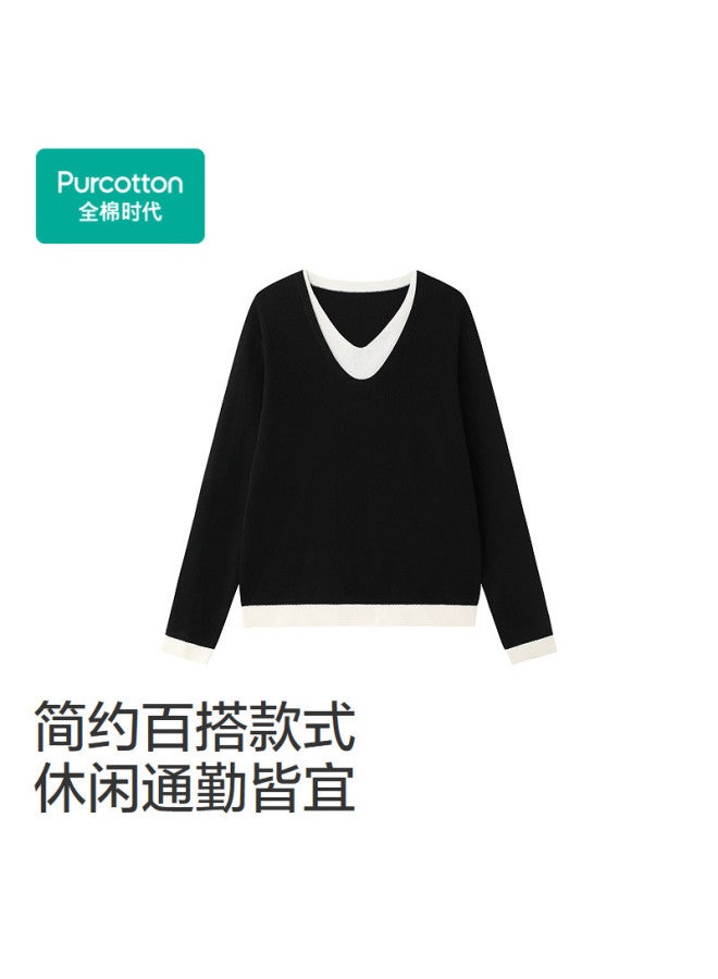 purcotton Women'S Autumn Winter False Two-Piece Sweater Pure Cotton V-Neck Knitted Top Casual Commute Versatile Stretch Comfortable Non-Deformable - Image 3