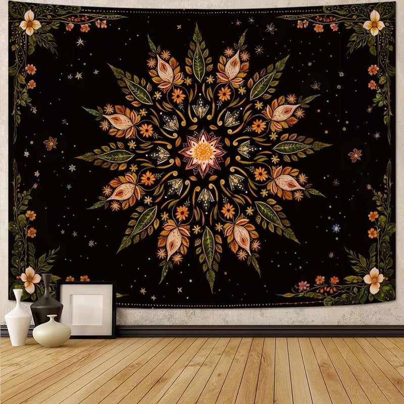 Fowocu Boho Floral Mandala Tapestry for Bedroom Aesthetic Vintage Bohemian Flower Wall Tapestry Black Green Hippie Indian Small Tapestries Wall Hanging for Living Room Dorm Decor 40 x 30 Inch - Image 1