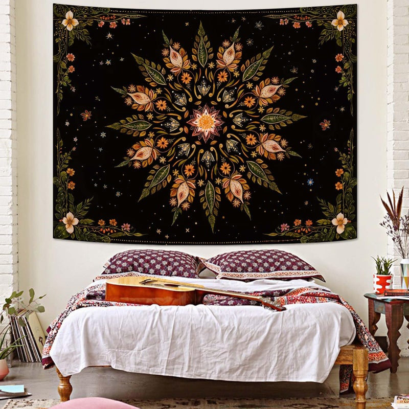 Fowocu Boho Floral Mandala Tapestry for Bedroom Aesthetic Vintage Bohemian Flower Wall Tapestry Black Green Hippie Indian Small Tapestries Wall Hanging for Living Room Dorm Decor 40 x 30 Inch - Image 4