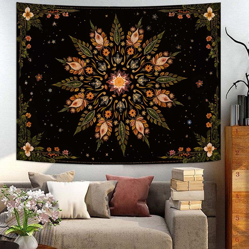 Fowocu Boho Floral Mandala Tapestry for Bedroom Aesthetic Vintage Bohemian Flower Wall Tapestry Black Green Hippie Indian Small Tapestries Wall Hanging for Living Room Dorm Decor 40 x 30 Inch - Image 2