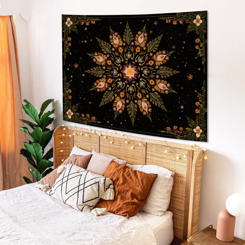 Fowocu Boho Floral Mandala Tapestry for Bedroom Aesthetic Vintage Bohemian Flower Wall Tapestry Black Green Hippie Indian Small Tapestries Wall Hanging for Living Room Dorm Decor 40 x 30 Inch - Image 3