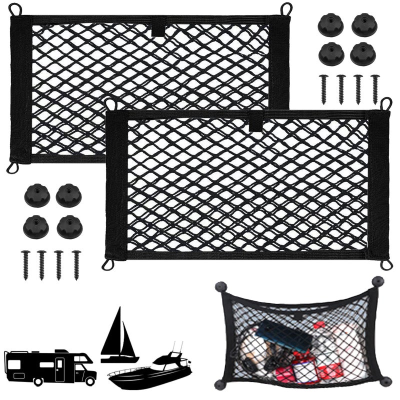 2 Pack Small Cargo Net Pocket Storage Mesh Net Elastic Automotive Cargo Nets Storage Pouch for Car Trunk Net RV Boat Storage Mesh Pocket Net with 8 Mounting Screws and Hooks 24 x 98 Inches