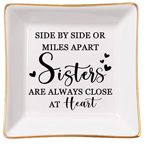 Spegiffu Sister Gifts Trinket Jewelry Dish- Side by side or miles apart, sisters are always close at heart, Sisters Birthday Gifts Mother's Day Valentines Christmas Gift for Sister from Sister - Image 1