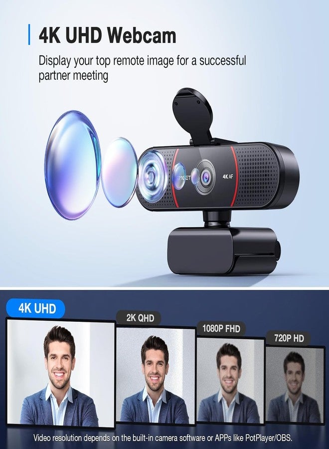 eMeet Webcam C960 4K Kit, Ultra HD Webcam with Lens Cap and Dual Microphones, Auto Focus PDAF, 73° Streaming Camera, 4K Camera with Stand - Image 4