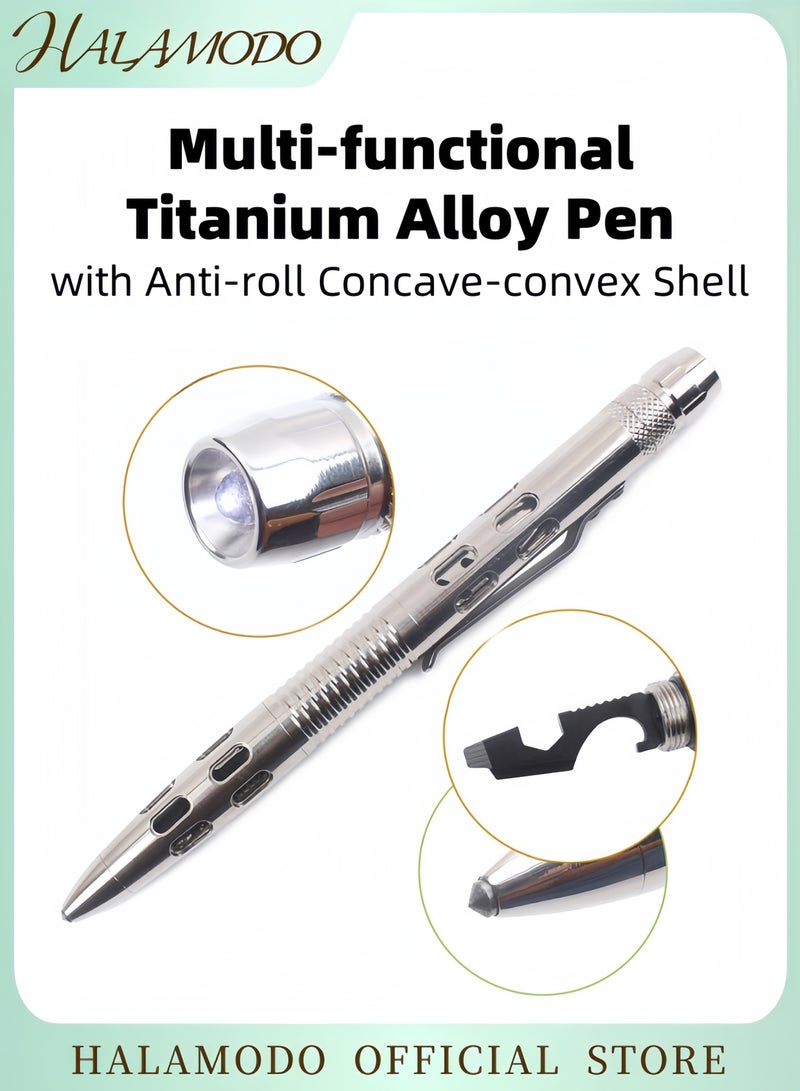 HALAMODO Titanium Tactical Multi Function Pen with LED Light Portable Bolt Action Writing Tool with Anti Roll Grip Outdoor Survival Emergency Pen  - Image 1