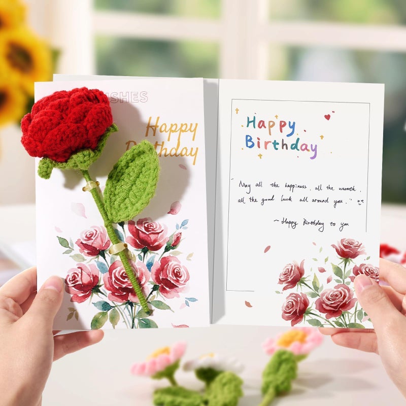 Ovesmusl Birthday Card for Women Refillable Handmade Crochet Flower for Her Birthday Gifts Red Rose Happy Birthday Cards with Knitted Flowers for Girls, Friends - Image 5