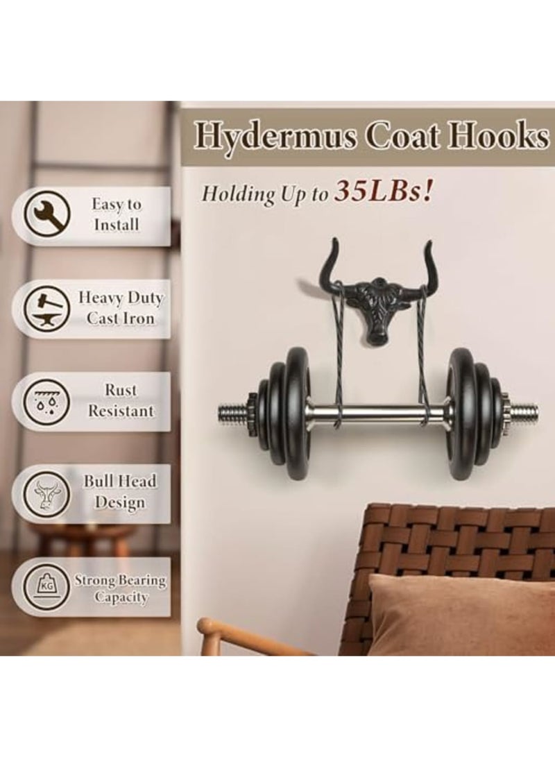 Barakah Cast Iron Hooks Wall Mount 2 Pack - Heavy Duty Towel Hooks for Bathroom Entryway Closet, Western Cow Bull Animal Design, Antique Rust, Durable Wall Decor for Home and Outdoor Use - Image 2