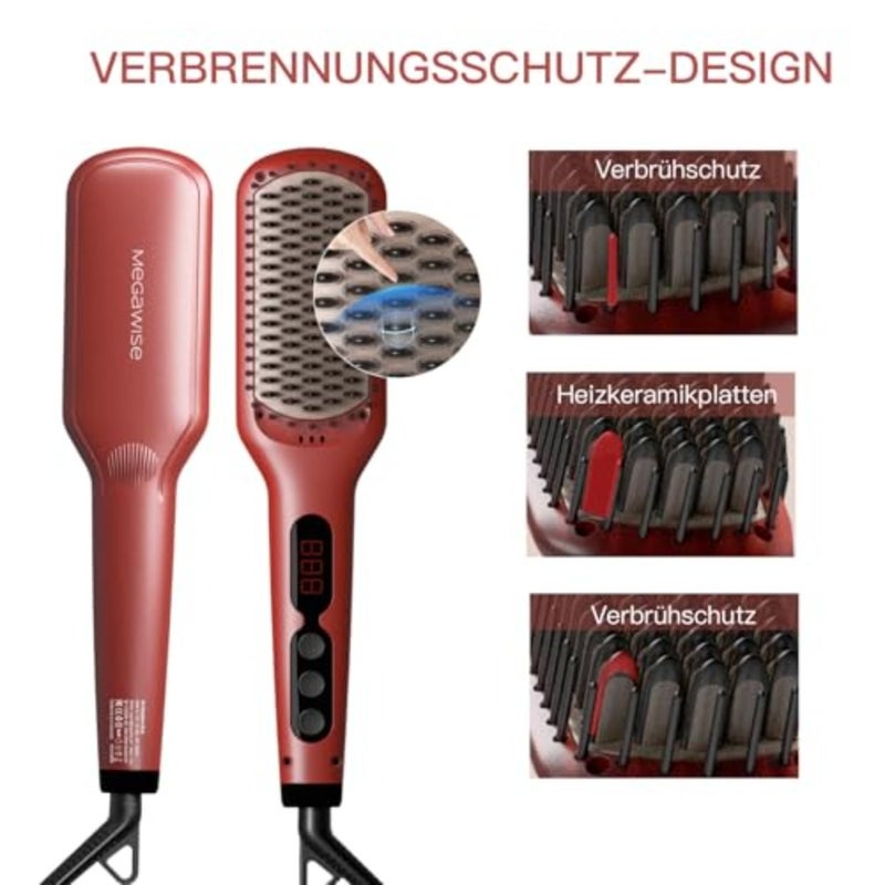 Hair Straightener Brush Pro, Fast Heating Ceramic Ionic Brush for Smooth Frizz-Free Hair, Safe Anti-Scald Design, Dual Voltage Travel Use Tomato - Image 2