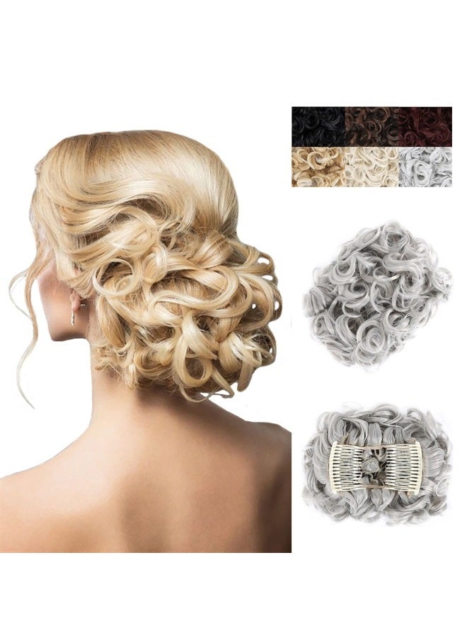 ELAINE Combs Messy Bun Hair Piece Curly Dish Hair Buns Extension Thick Chignon Hairpiece Clip in Ponytail Scrunchies Hair Pieces for Women (Honey Blonde Tip Bleach Blonde-#43B) - Image 1