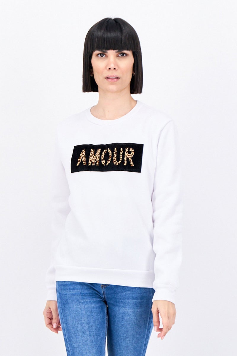 Buzz Women Crew Neck Textured Sweatshirt, White/Black - Image 1