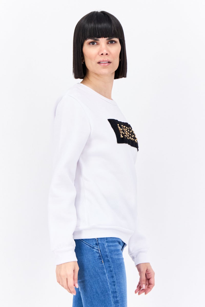 Buzz Women Crew Neck Textured Sweatshirt, White/Black - Image 2