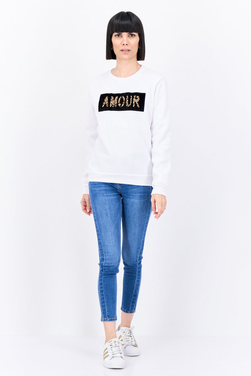 Buzz Women Crew Neck Textured Sweatshirt, White/Black - Image 4