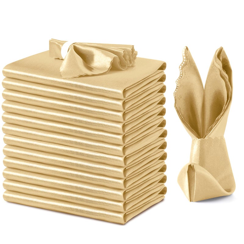 VACVELT 12 Pack Gold Satin Napkins 12x12 Inch Wedding Napkins, Scalloped Elegant Dinner Napkins Square Table Napkins Decor, Silky Satin Cloth Napkins for Restaurant Banquet Graduation Party - Image 1