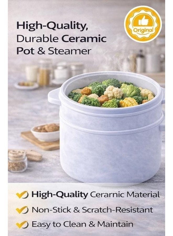 Denx طباخ كهربائي صغير 2 في 1 700 واط طباخ أرز وبخار 2 لتر وعاء سيراميك غير لاصق محمول متعدد الاستخدامات للأرز والحساء والمعكرونة والبخار جهاز مطبخ مدمج DX1769 - Image 2