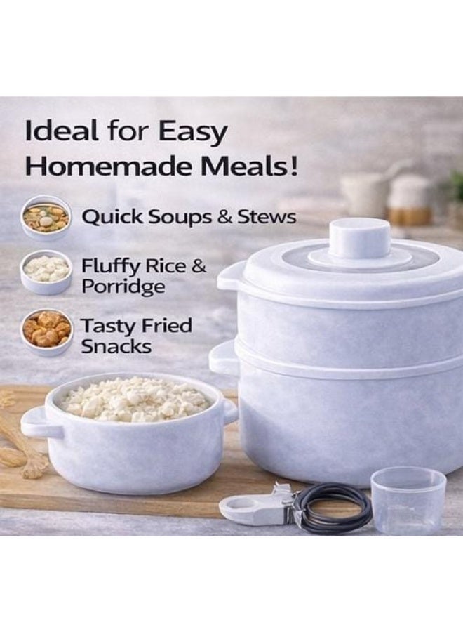 Denx طباخ كهربائي صغير 2 في 1 700 واط طباخ أرز وبخار 2 لتر وعاء سيراميك غير لاصق محمول متعدد الاستخدامات للأرز والحساء والمعكرونة والبخار جهاز مطبخ مدمج DX1769 - Image 3