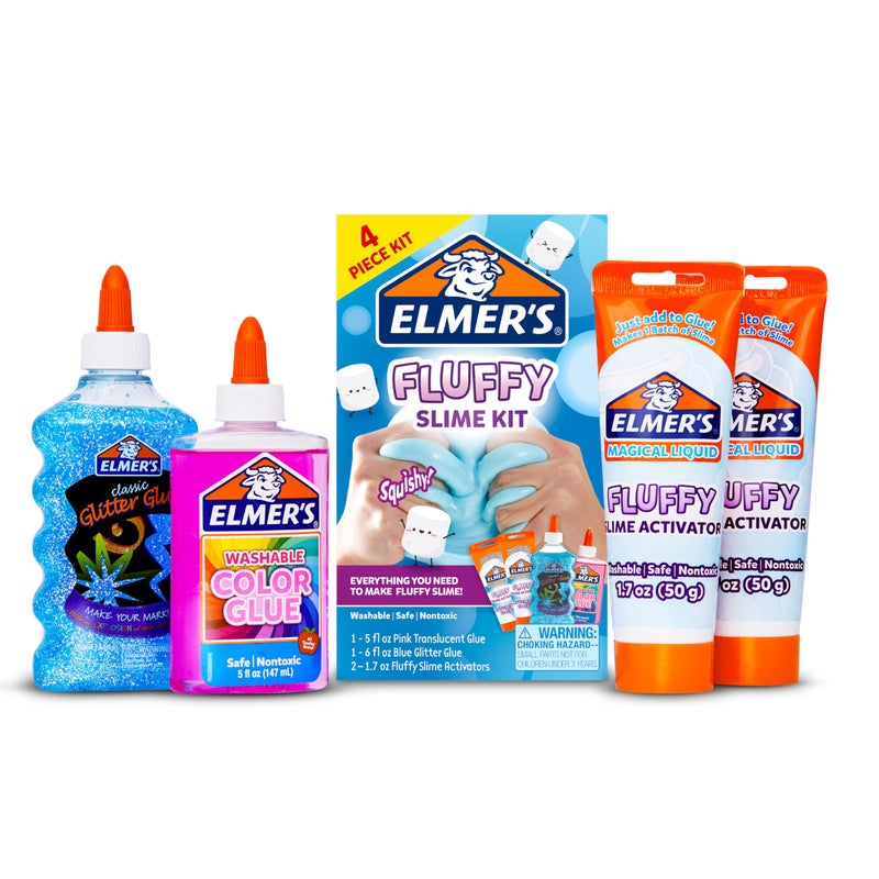 ELMER'S Elmerâ€™s Fluffy Slime Kit, Includes Translucent Color Glue, Glitter Glue, Fluffy Slime Activator, 4 Count - Perfect for Parties, Gift, Activity Time - Image 1