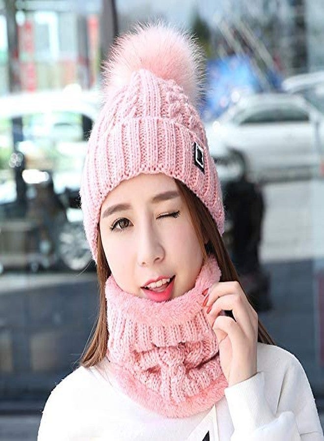Dressify®Winter Scarf Cap Thickened Winter Hairball Women Hat Warm Beanie Knitted Pompom Cap with Scarf for Girls Pink Color - Image 3