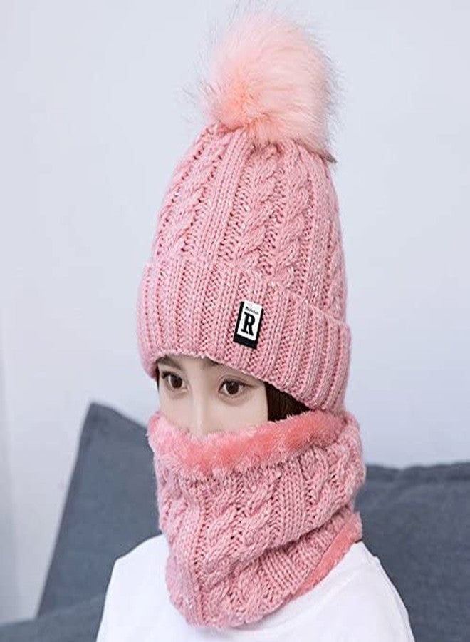 Dressify®Winter Scarf Cap Thickened Winter Hairball Women Hat Warm Beanie Knitted Pompom Cap with Scarf for Girls Pink Color - Image 2