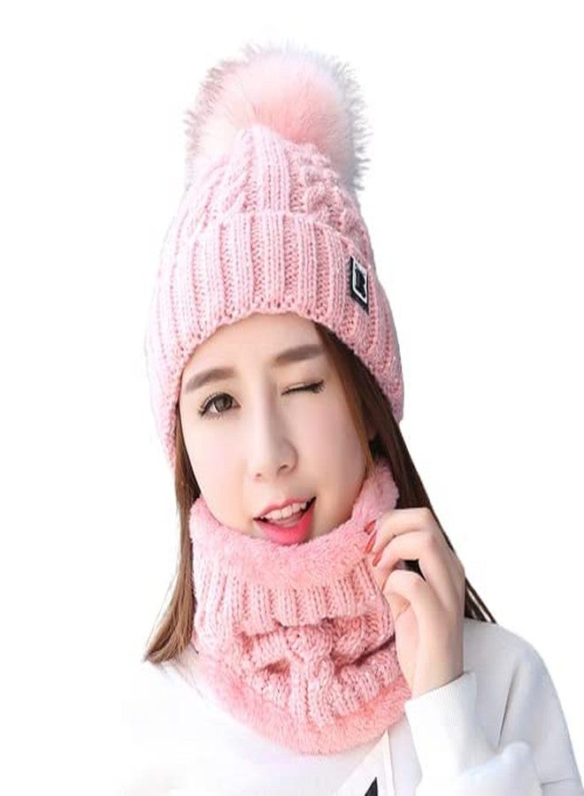 Dressify®Winter Scarf Cap Thickened Winter Hairball Women Hat Warm Beanie Knitted Pompom Cap with Scarf for Girls Pink Color - Image 1