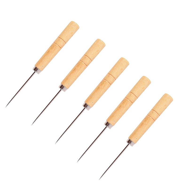 Hicello 5 Packs Sewing Awls, Leather Sewing Needle with Wood Handle, Pinpoint Stitching Sewing Awl Repair Tool for DIY Handmade Cloth Leather Shoe - Image 1