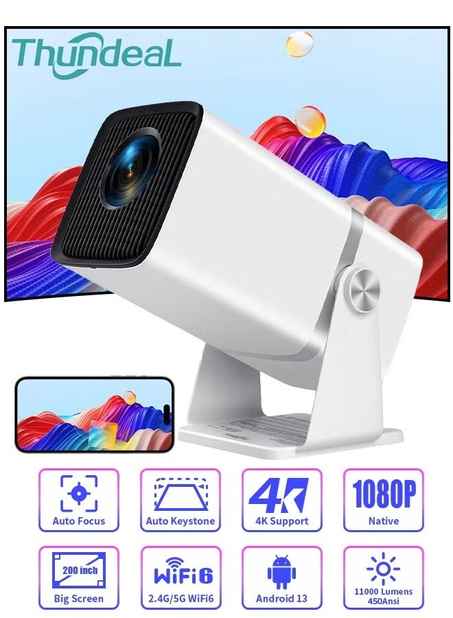 ThundeaL 4K Full HD Projector, Smart Projector Home Theatre 4K Support Native 1080p HD Resolution, 11000 Lumens, Android 13 WiFi6 3D Home Theater Projector,Rotatable Design, Speaker Apps WiFi  Meeting Video Movie,TD80,White - Image 2