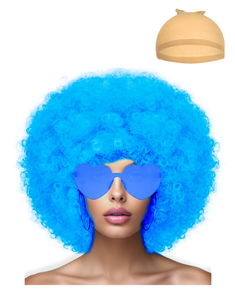 LIULIUBTY Short Bob Hair Wigs Straight with Flat Bangs Synthetic Colorful Cosplay Daily Party Neon Wig for Women + Free Wig Cap 12" Natural As Real (Afro, Blue) - Image 1