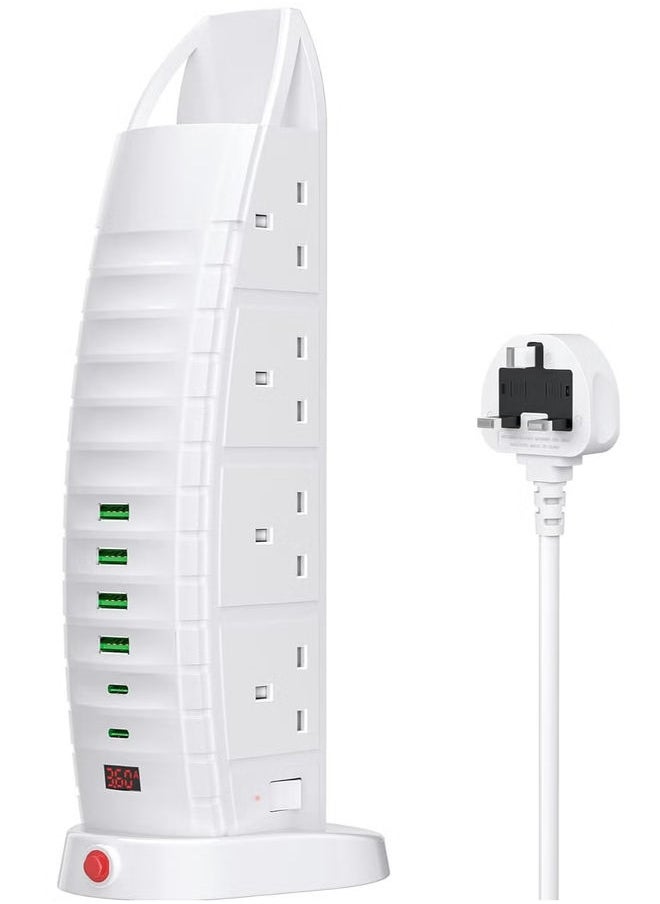 HuHa Tower Extension Lead with USB – 8 Way Outlets & 6 USB Ports (2 Type-C, 4 USB) – 3.6A Vertical Power Strip with 2M Cable  - Image 1