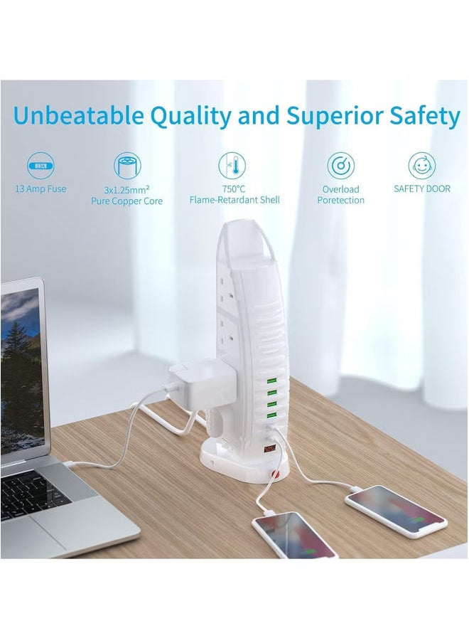 HuHa Tower Extension Lead with USB – 8 Way Outlets & 6 USB Ports (2 Type-C, 4 USB) – 3.6A Vertical Power Strip with 2M Cable  - Image 5