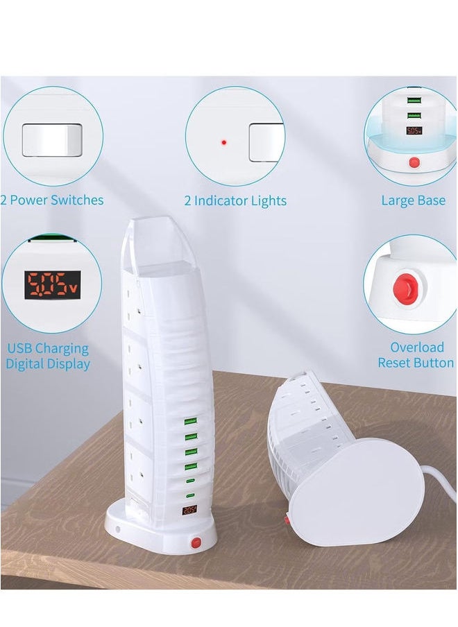 HuHa Tower Extension Lead with USB – 8 Way Outlets & 6 USB Ports (2 Type-C, 4 USB) – 3.6A Vertical Power Strip with 2M Cable  - Image 4