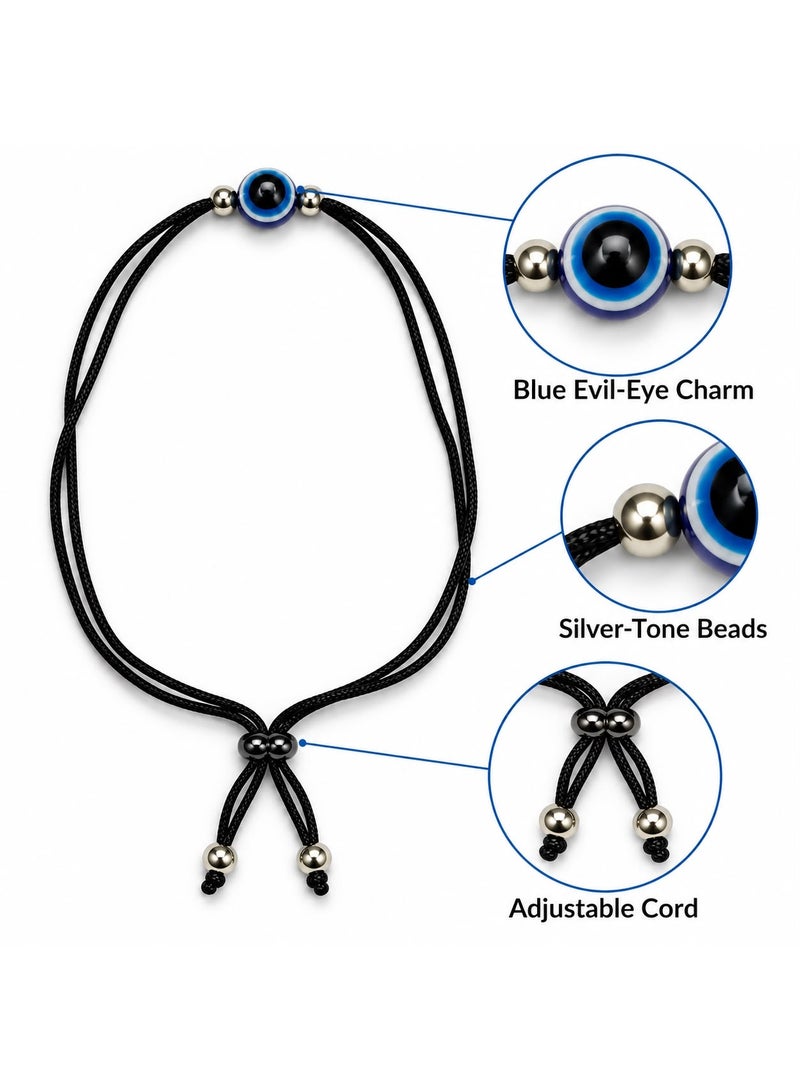 Women's Adjustable Black Cord Anklet with Blue Evil Eye Charm and Silver-Tone Beads - Image 4