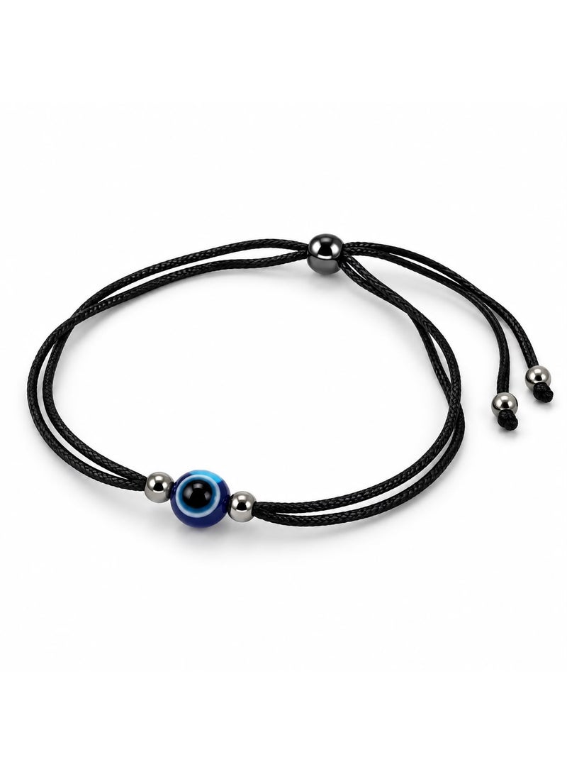 Women's Adjustable Black Cord Anklet with Blue Evil Eye Charm and Silver-Tone Beads - Image 3