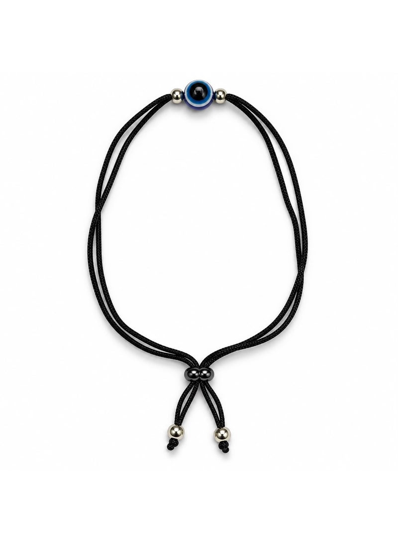 Women's Adjustable Black Cord Anklet with Blue Evil Eye Charm and Silver-Tone Beads - Image 2