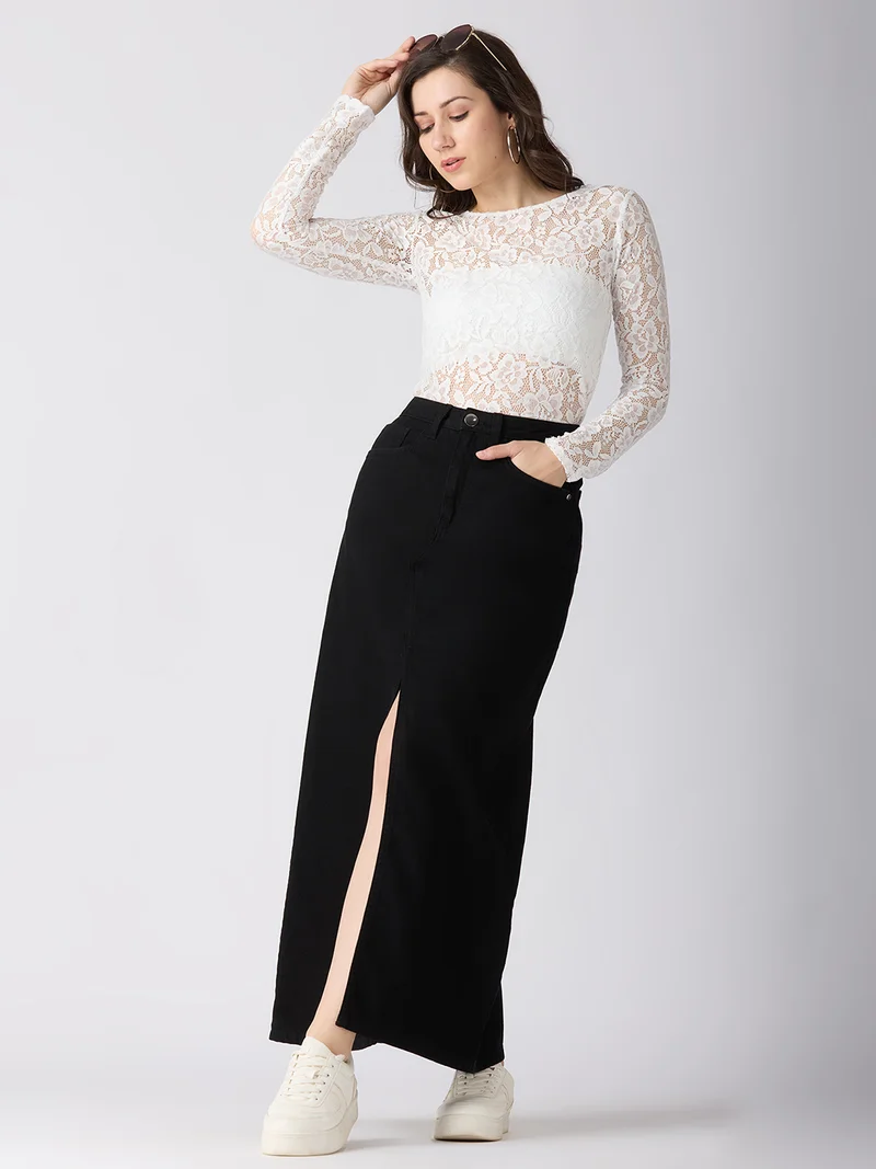 جلو باص جوبس تنورة جينز ماكسي مستقيمة بفتحة أمامية متوسطة الارتفاع للنساء