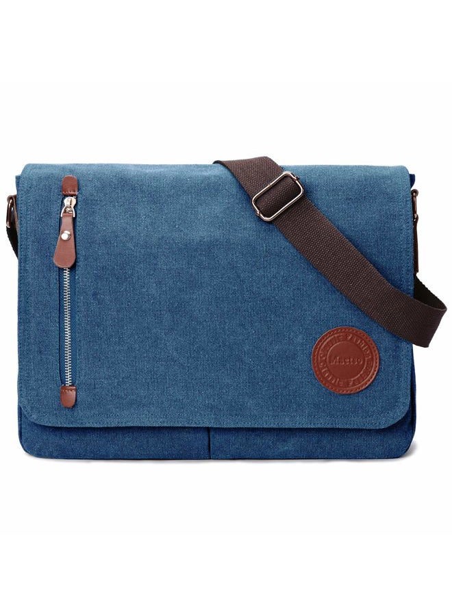 Mactso Vintage Canvas Satchel Messenger Bag for Men Women,Travel Shoulder bag 13.5" Laptop Bags Bookbag (Blue), Blue, 13.5 inch - Image 1