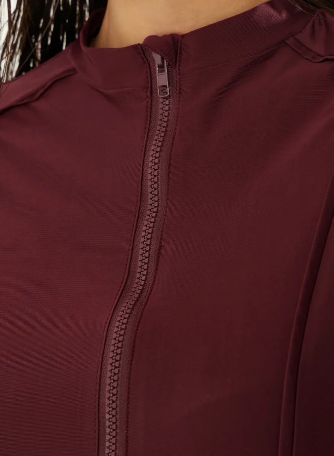 Styli Burgundy Pack of 2 - Long Sleeve Tunic Burkini with Half Zip and Capri Leggings Set for Women | Best Price UAE