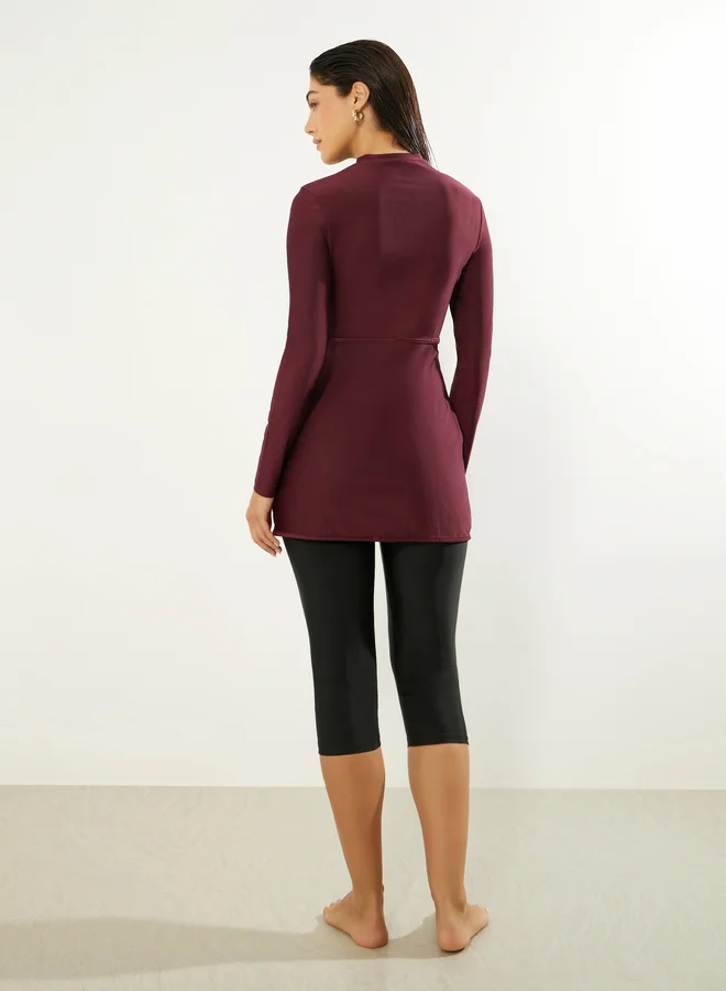 Styli Burgundy Pack of 2 - Long Sleeve Tunic Burkini with Half Zip and Capri Leggings Set for Women | Best Price UAE
